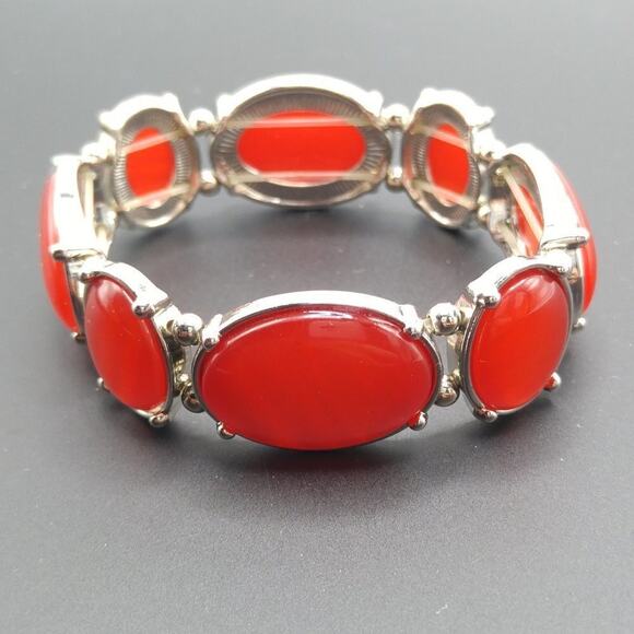 Red Lucite Cabochon Stretch Bracelet, Silver Tone, 7 Inches - Picture 5 of 9